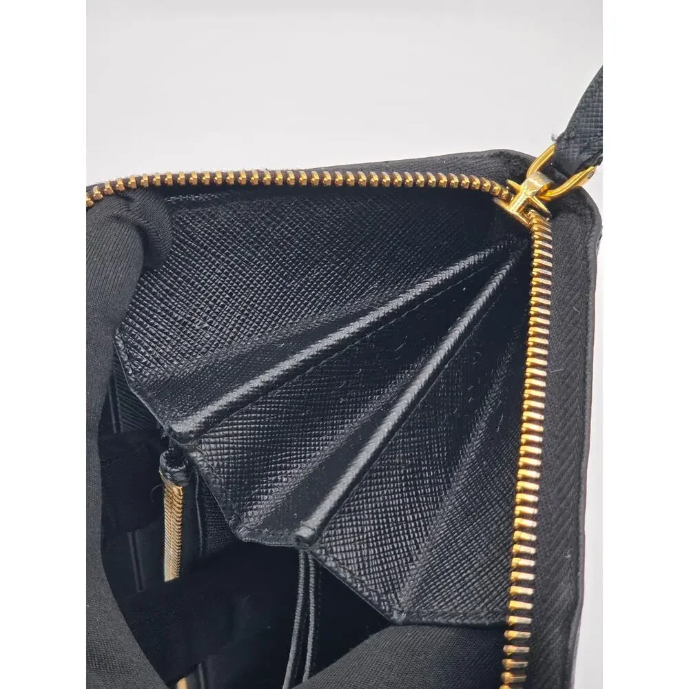 Prada Saffiano Fiocco Bow Zip Around Wallet Black Leather Gold Logo Italy